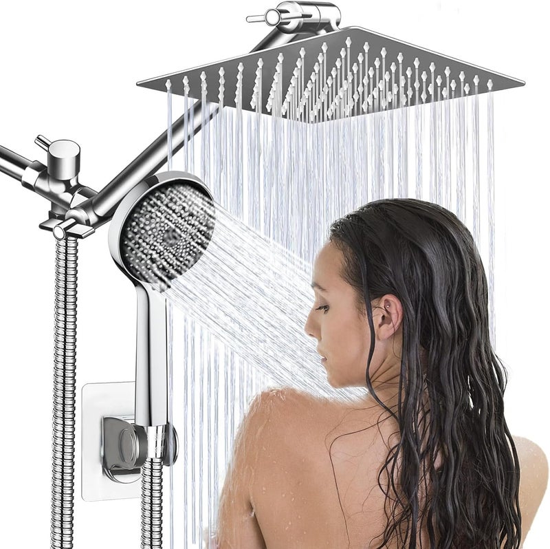 Ashwanth Shower Head,8”Rain Shower Head with Handheld Spray Combo with 11'' Angle Adjustable Extension Arm/Flow Regulator/Shower System,High Pressure Rainfall Shower Head Bathroom,Chrome - Image 1